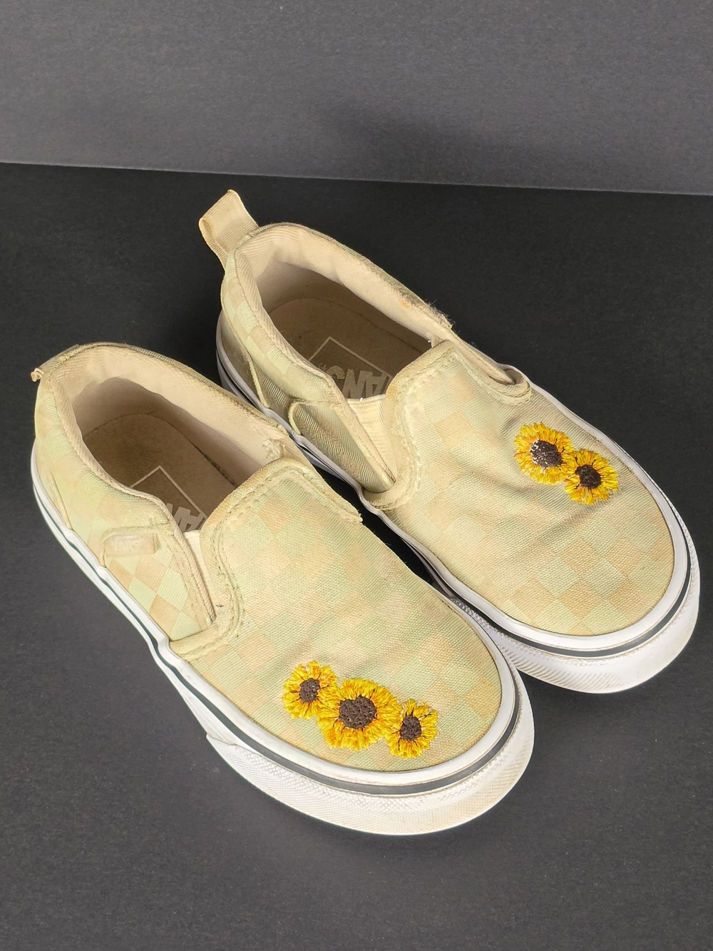 Kids Yellow Check Slip-On Shoes with Sunflower Embroidery